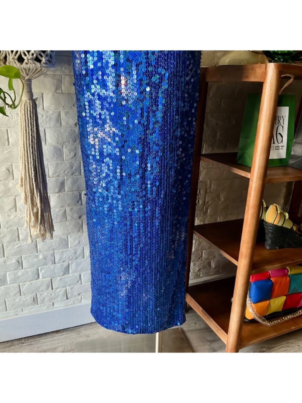 Vintage 1990s Y2K Royal Blue Sequin Halter Dress Gown + Cut-Out Back - Picture 5 of 12